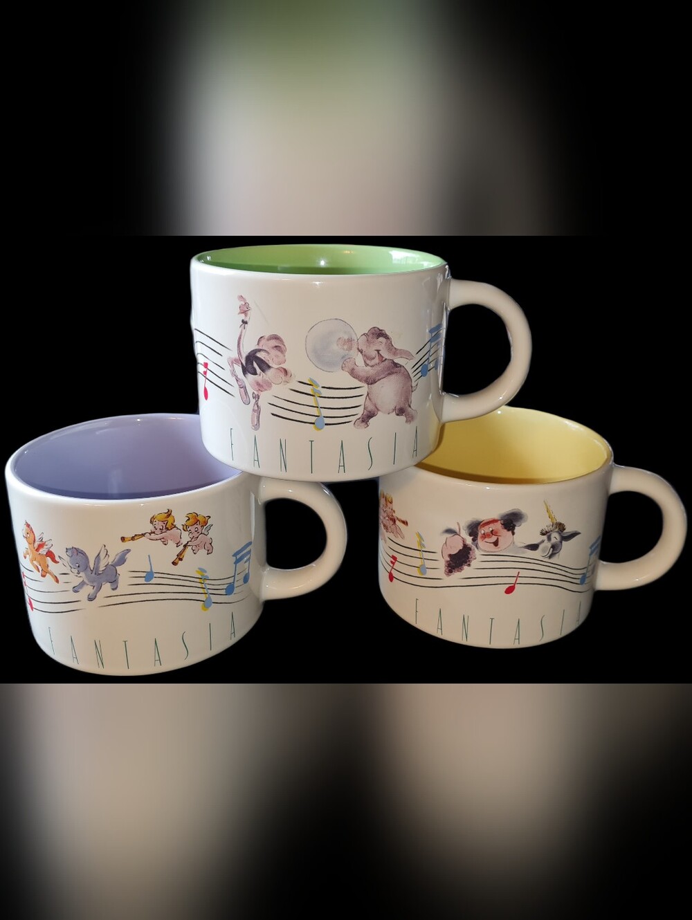 3 Disney Fantasia Ceramic Mugs with Colorful Interiors